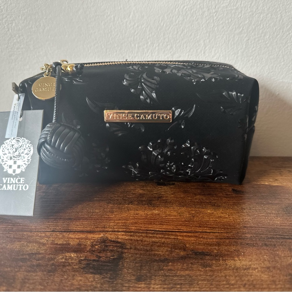 Vince Camuto Black Floral Embossed Cosmetic Bag Ball Charm Zipper Pull NWT - Picture 6 of 6